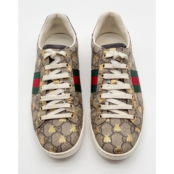 Gucci Ace Beige GG Monogram Bee Canvas Lace Up Low Top Sneaker EU 39 US 9 - Picture 2 of 12